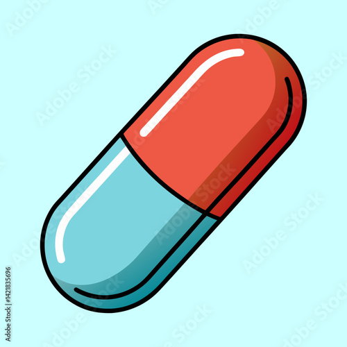 Cartoon illustration of a red and blue capsule on a light background