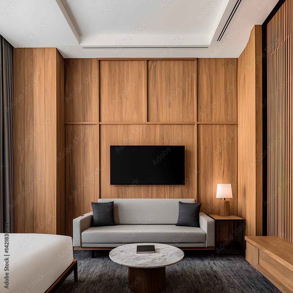 Modern Interior Design Featuring Wood Paneling, Gray Sofa, Marble Table, and Neutral Color Palette for Relaxation.