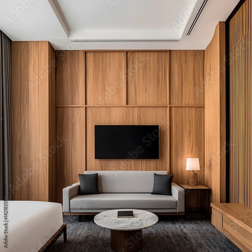 Obraz na płótnie Modern Interior Design Featuring Wood Paneling, Gray Sofa, Marble Table, and Neutral Color Palette for Relaxation. w salonie