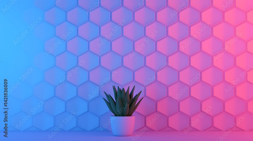Abstract Hexagon Wall with Potted Plant in Neon Lighting: Modern Interior Design Background for Presentations and Creative Projects.