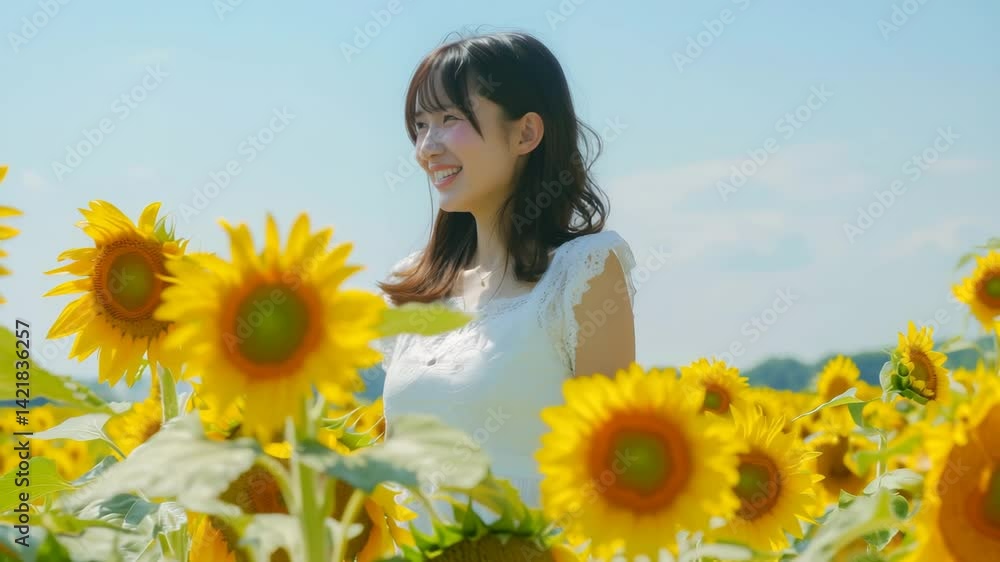 ひまわり畑で振り返る日本人の女の子 ひまわり畑で振り返る日本人の女の子