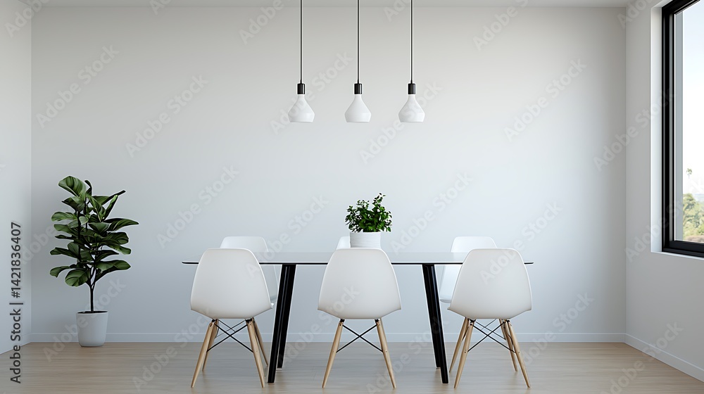 Bright and Airy Dining Area Featuring Modern White Chairs, Sleek Table, Minimalist Lighting, and Potted Plant in a Stylish Room.