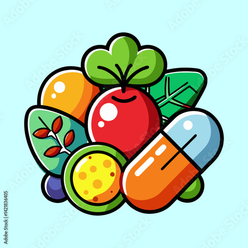 Cartoon illustration depicting diverse healthy foods and supplements for balanced nutrition
