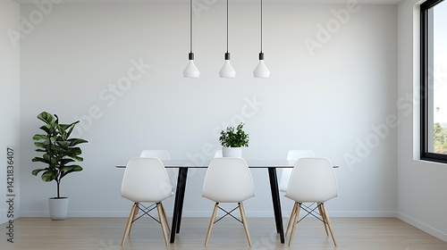 Obraz na płótnie Bright and Airy Dining Area Featuring Modern White Chairs, Sleek Table, Minimalist Lighting, and Potted Plant in a Stylish Room. w salonie