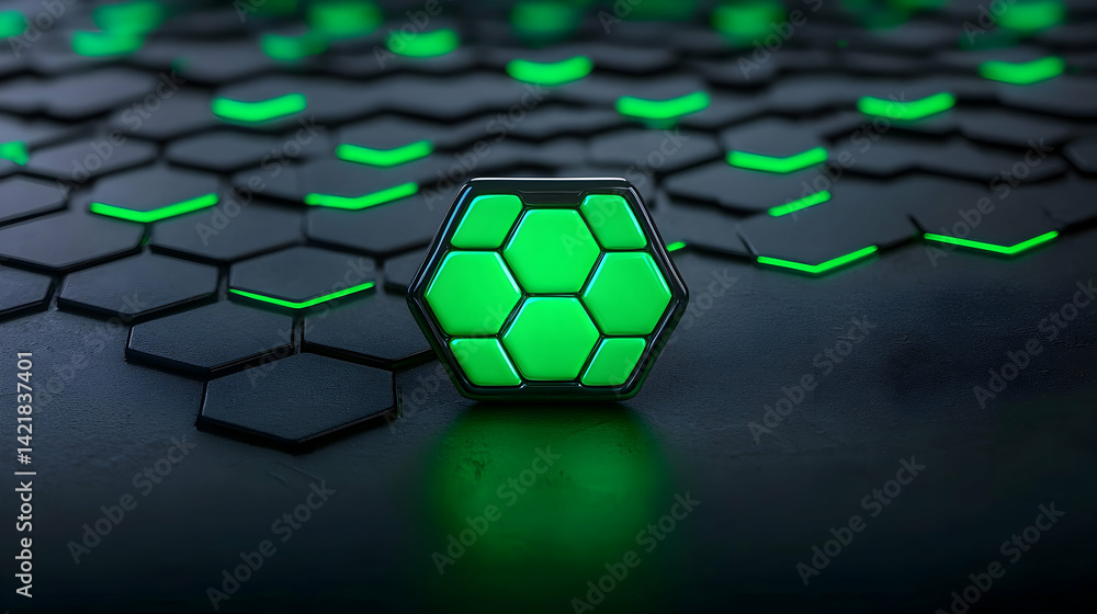 Glowing Green Hexagon on Dark Geometric Background Glowing Green Hexagon on Dark Geometric Background
