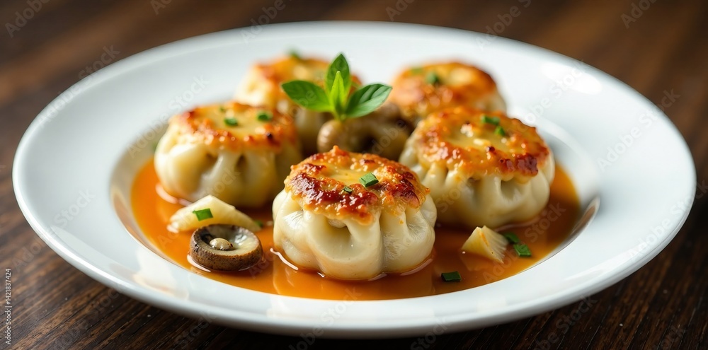 Delicious dumplings served in savory sauce on a white plate. Delicious dumplings served in savory sauce on a white plate.