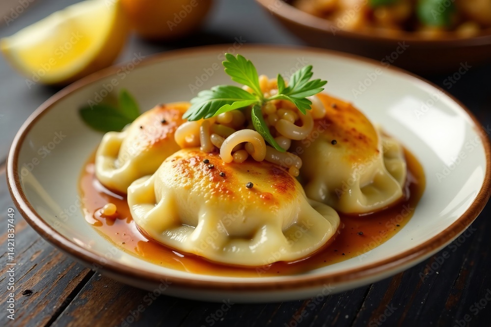 Delicious dumplings topped with sauce and herbs, served on a wooden table. Delicious dumplings topped with sauce and herbs, served on a wooden table.