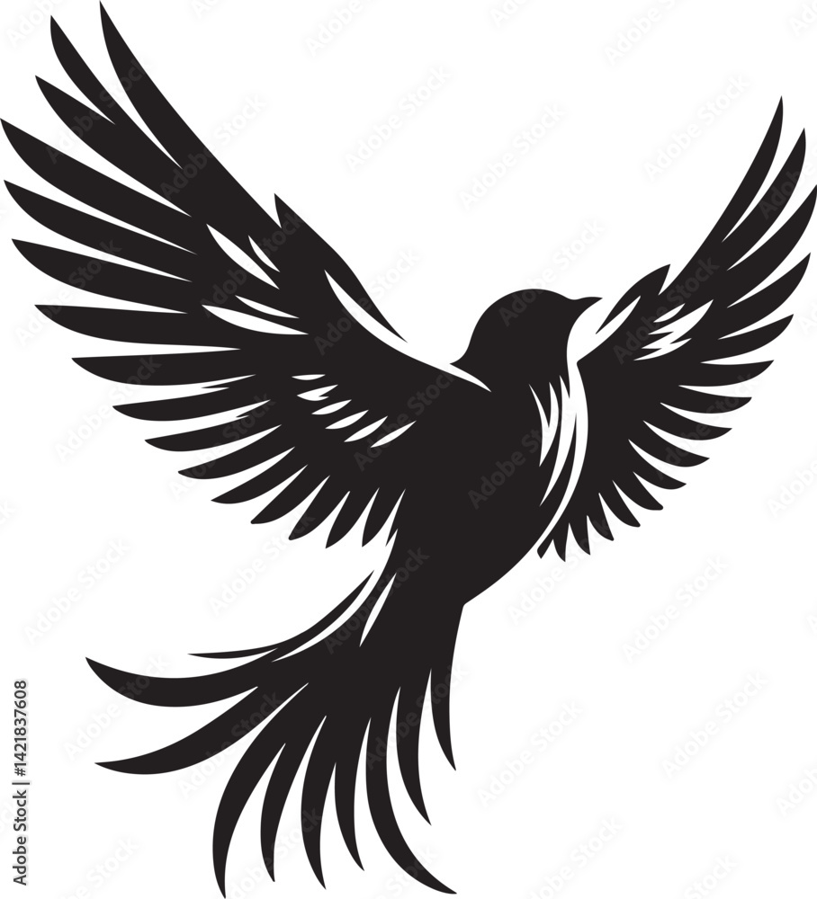 Obraz premium Black Bird Flying Silhouette – Simple Vector Graphic Isolated on White