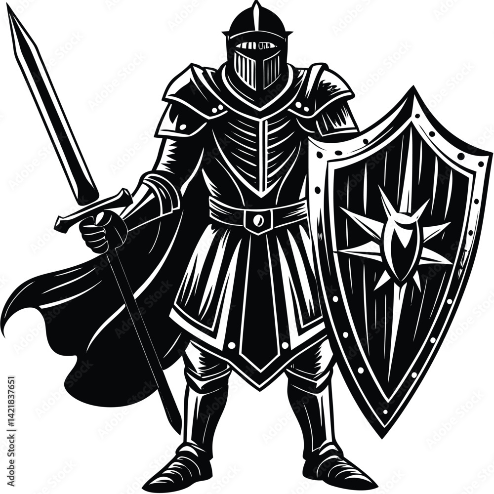 Fototapeta premium Knight in Shining Armor Vector Illustration: Medieval Warrior with Sword and Shield - Black and White Graphic Art