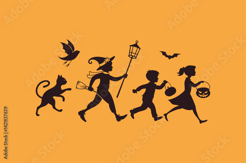Black Silhouette Halloween Kids Running with Costumes Vector Art