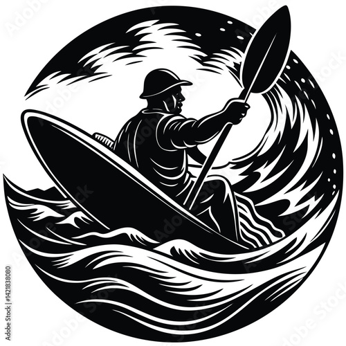Black and White Kayaking Illustration: Man in Kayak Paddling Through Waves, Vector Art, Water Sport Adventure, Outdoor Recreation Design