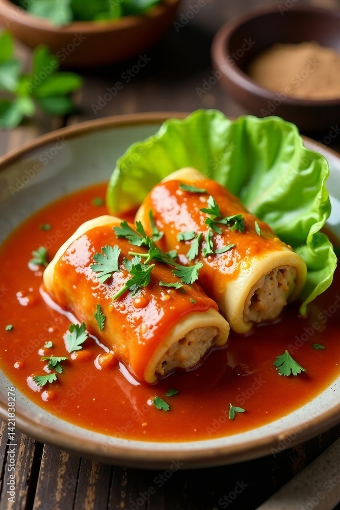 Delicious rolls filled with meat, served in spicy sauce on a fresh lettuce leaf. Delicious rolls filled with meat, served in spicy sauce on a fresh lettuce leaf.