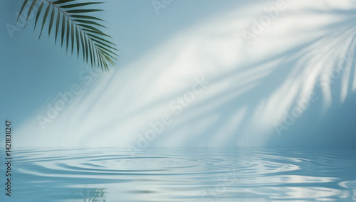 Tranquil light blue water surface with gentle ripples and the soft shadow of a palm leaf.