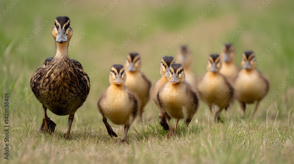 Obraz premium A mother duck leading her ducklings across a grassy field in a natural outdoor environment