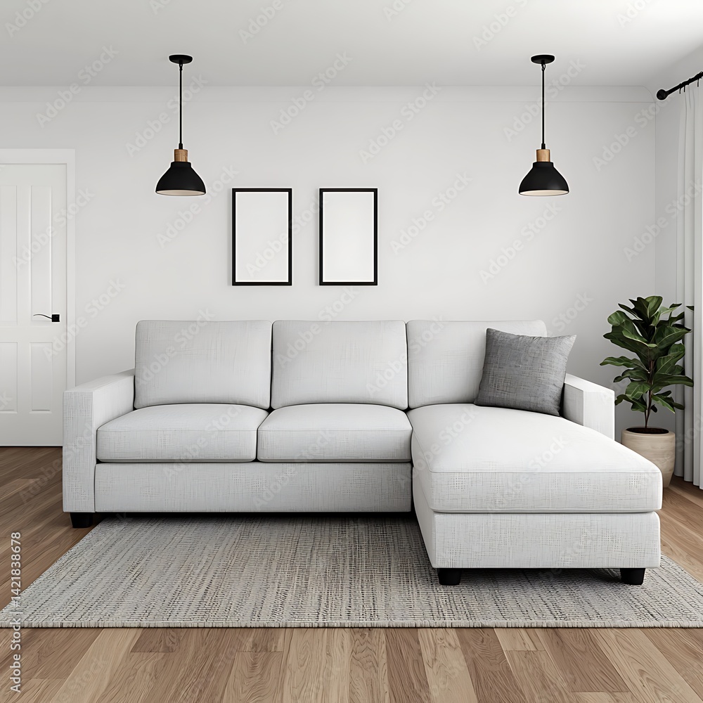 Bright and comfortable living room features a sectional sofa, minimalist frames, and a lovely potted plant.