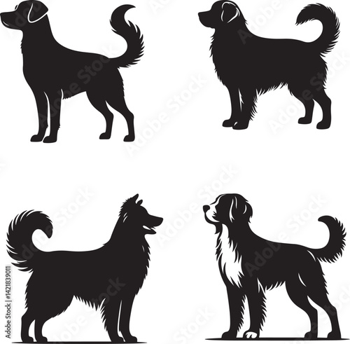 Group of Dogs Sitting on Ground – Black Silhouette Vector Set on White Background