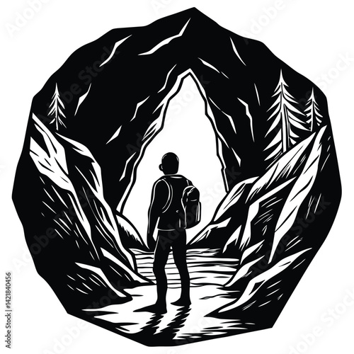 Cave Explorer Black and White Woodcut Illustration: Backpacker in Mountain Cave Entrance with Trees and Water Reflection Art
