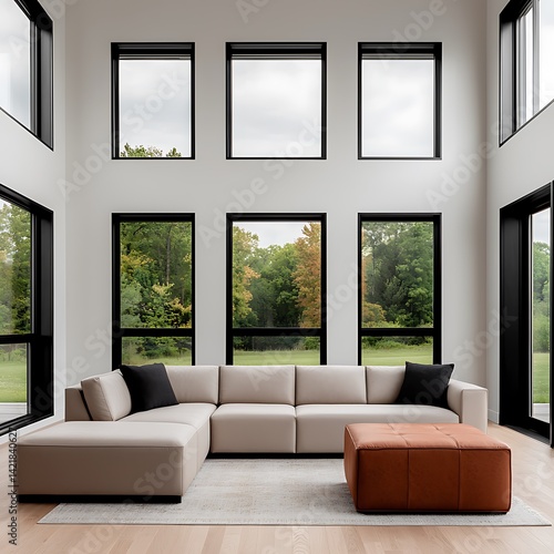 Bright contemporary living room with large windows, neutral couch, and stylish ottoman creating a spacious, comfortable interior.
