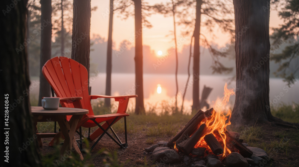 serene campsite scene featuring cozy orange chair beside crackling campfire, with tranquil lake and sunset in background