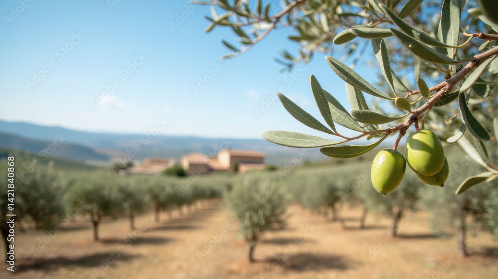 Olive tree branch with green olives, scenic landscape, rolling hills, sunny day, rural setting, agriculture