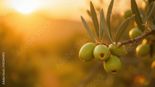 Obraz na płótnie Green olives olive tree sunset nature agriculture fruit healthy Mediterranean organic branch sunlight outdoor landscape growth harvest food fresh w salonie