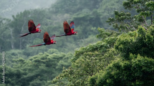 Three scarlet macaws flying in formation over a lush green forest landscape in the daytime