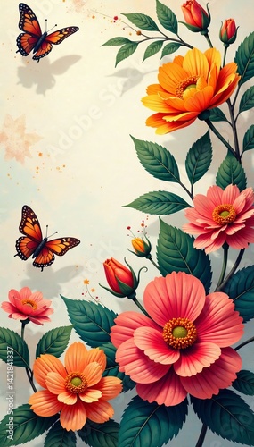 Vibrant floral design featuring colorful flowers and butterflies in a serene background.