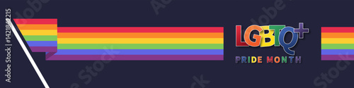 LGBTQ Rainbow flag with Pride Month text. Symbol of Pride Month. Background for festival parades and social events. Design for poster, flyer, web, banner, and template.  Vector illustration.