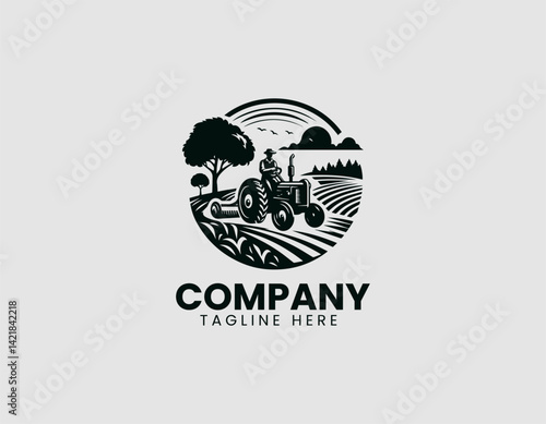 Vintage Countryside Scene Farmer Old Tractor Field Vector Logo Design