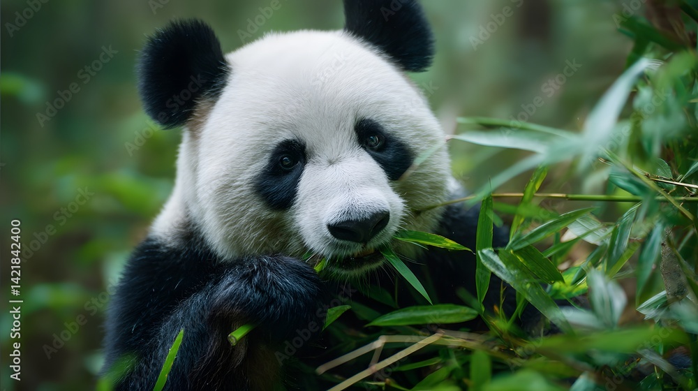 A panda bear eating bamboo leaves in a lush green forest with a blurred background in the daytime light A panda bear eating bamboo leaves in a lush green forest with a blurred background in the daytime light