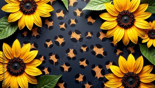 Vibrant sunflowers with green leaves on a textured dark background, creating a warm feel.