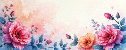 Vibrant watercolor floral design with pink and orange roses against a pastel background.