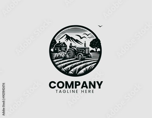 Vintage Countryside Scene Farmer Old Tractor Field Vector Logo Design