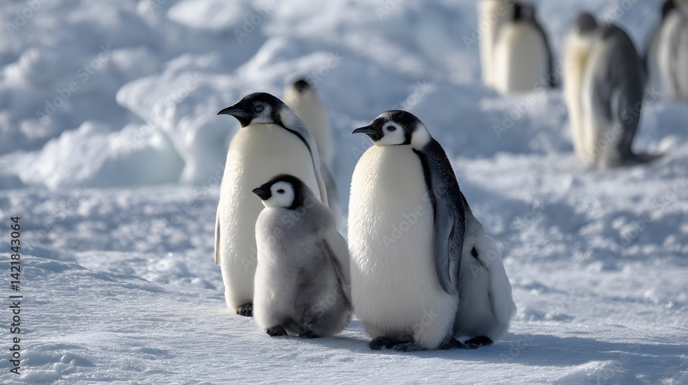 Obraz premium A group of emperor penguins standing on a snowy surface with other penguins in the background blur
