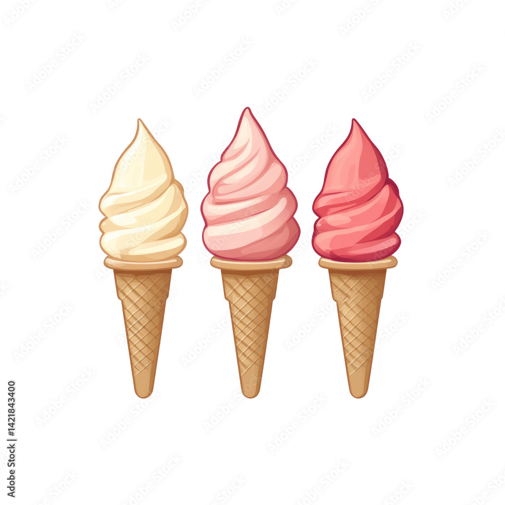 Three Delicious Soft Serve Ice Cream Cones in Vanilla, Strawberry, and Pink Three Delicious Soft Serve Ice Cream Cones in Vanilla, Strawberry, and Pink