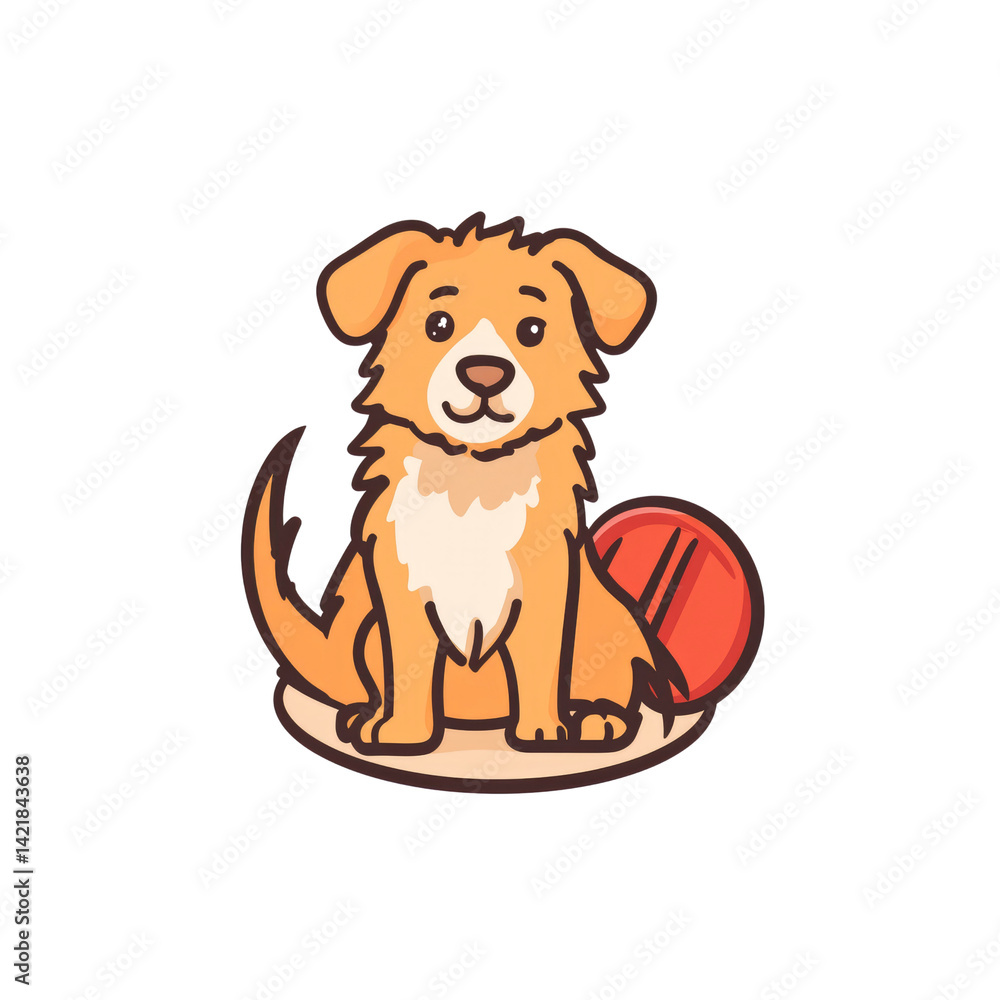 Fototapeta premium Adorable Golden Retriever Puppy with Red Ball, Cartoon Illustration