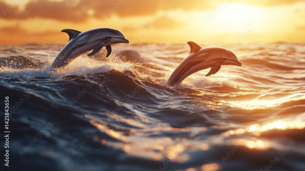 Obraz premium Majestic dolphins leap in the golden sunset ocean