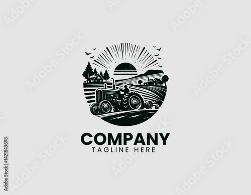 Vintage Countryside Scene Farmer Old Tractor Field Vector Logo Design