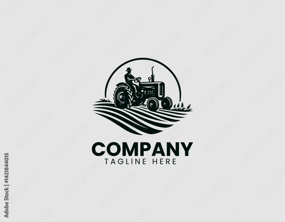 Fototapeta premium Vintage Countryside Scene Farmer Old Tractor Field Vector Logo Design