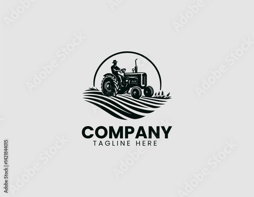 Vintage Countryside Scene Farmer Old Tractor Field Vector Logo Design