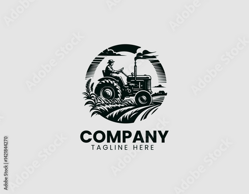 Vintage Countryside Scene Farmer Old Tractor Field Vector Logo Design