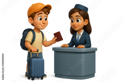 Child checking in with airline attendant at travel desk  