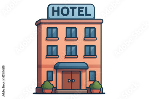 hotel building illustration in pastel colors with green plants  