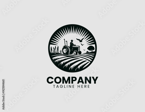 Vintage Countryside Scene Farmer Old Tractor Field Vector Logo Design