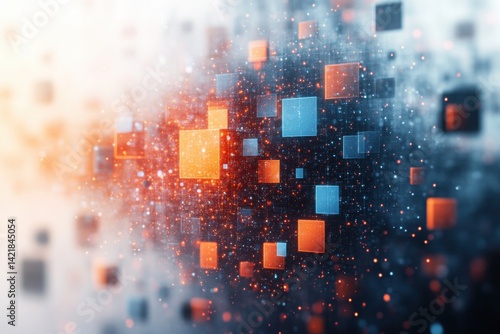 Floating data blocks: futuristic digital abstract with glowing squares and particles