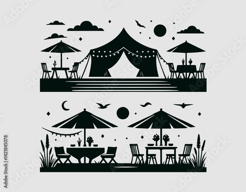 Minimalist Event Tent Silhouette Table Chairs Vector Logo Design, Simple Event Tent Table Chairs Silhouette Logo