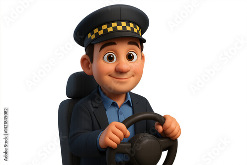 Cartoon taxi driver smiling while holding a steering wheel  