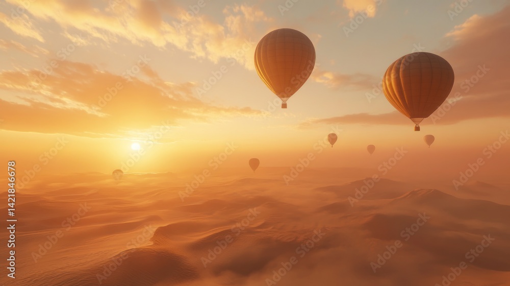 Obraz premium Hot air balloons over a golden desert at sunrise. Vast sand dunes stretch beneath a colorful sky. Several balloons float in the warm light