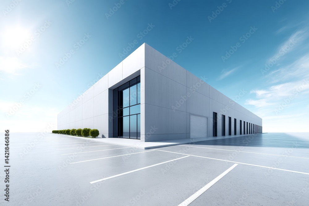 Modern Warehouse Building Exterior Design - A sleek, modern warehouse building showcases efficiency, spaciousness, and contemporary architecture. The design symbolizes functionality, logistics Modern Warehouse Building Exterior Design - A sleek, modern warehouse building showcases efficiency, spaciousness, and contemporary architecture. The design symbolizes functionality, logistics