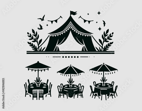 Minimalist Event Tent Silhouette Table Chairs Vector Logo Design, Simple Event Tent Table Chairs Silhouette Logo